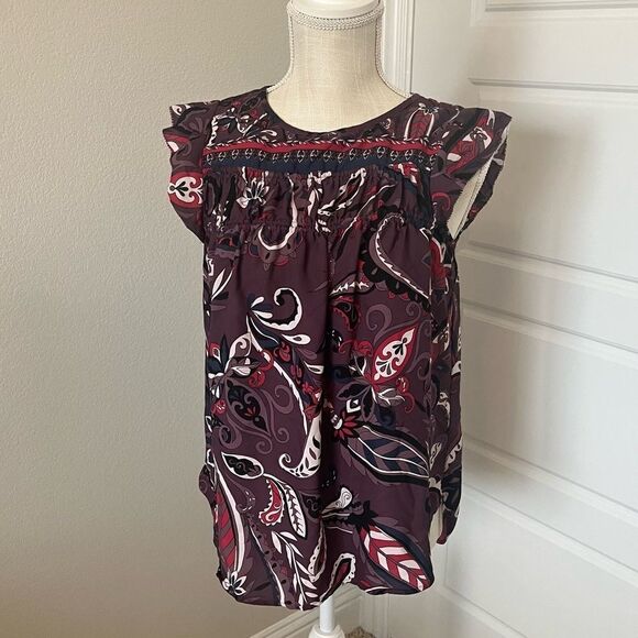 LOFT Flutter Sleeve Purple Floral Top Size Small - Picture 1 of 5